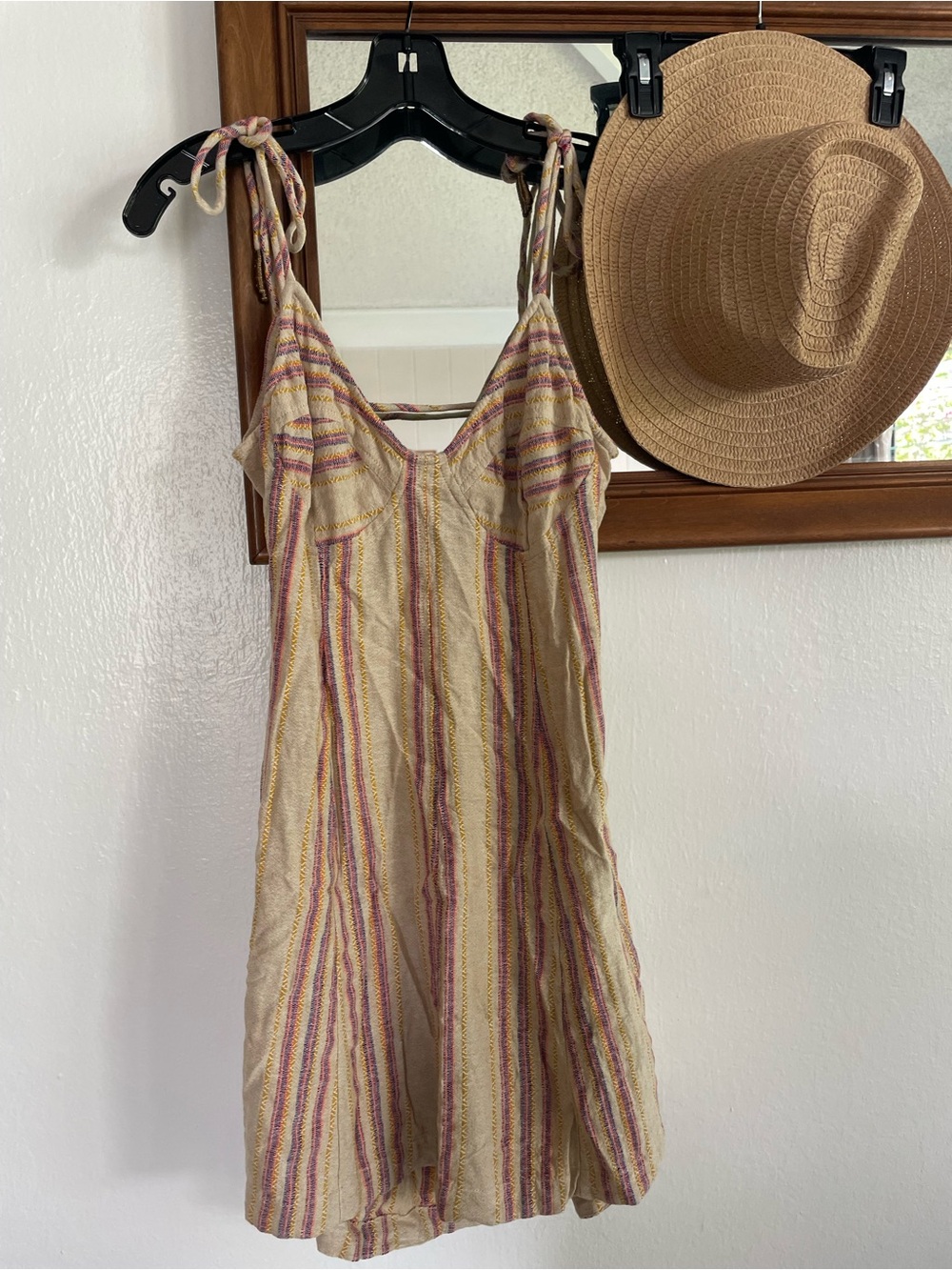 Free People Striped Tie-Shoulder Mini Dress in Cream, Pink, Yellow